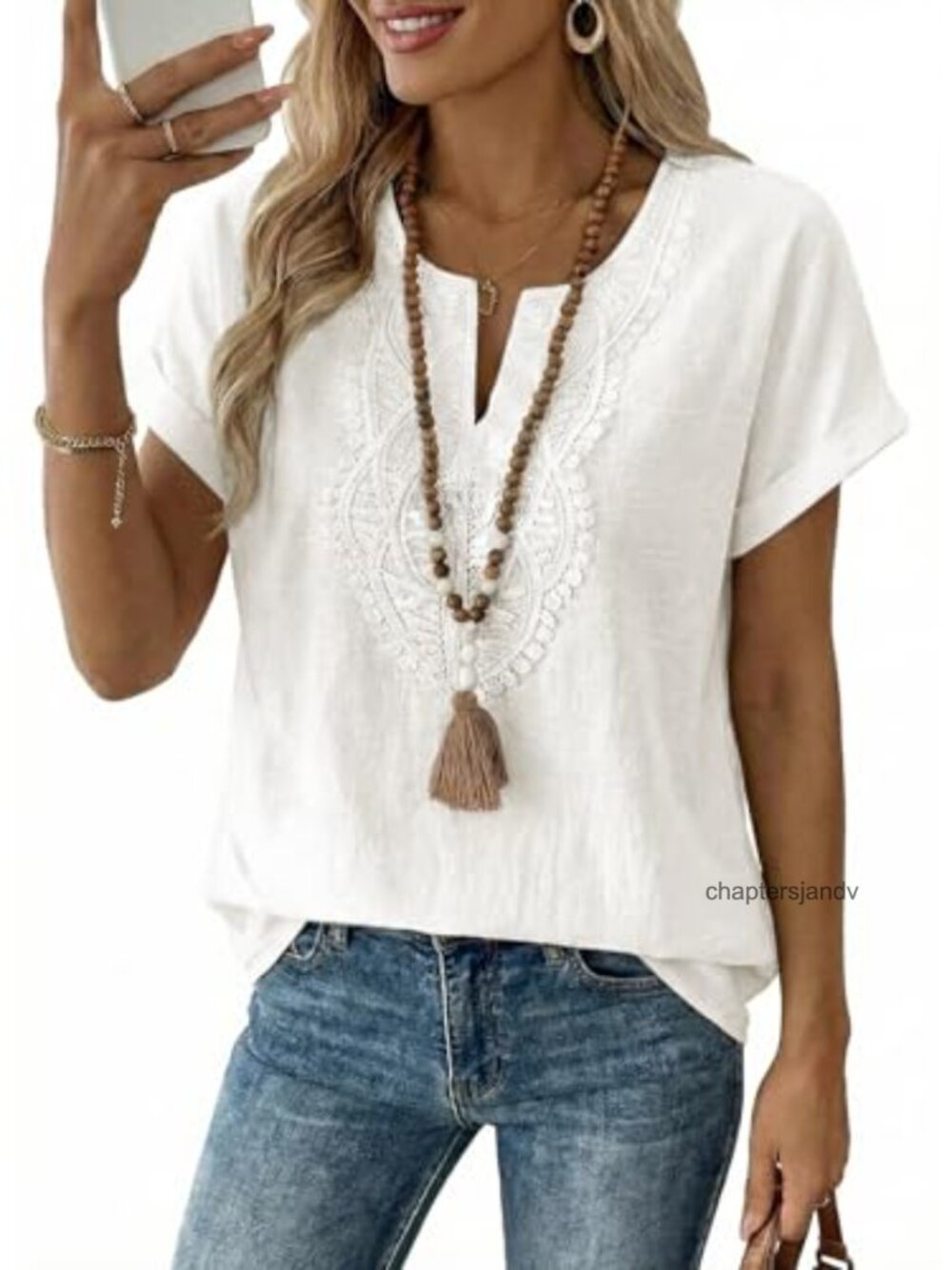 Women's Boho Crochet Lace Short Sleeve V-Neck Blouse Top, Loose Fit